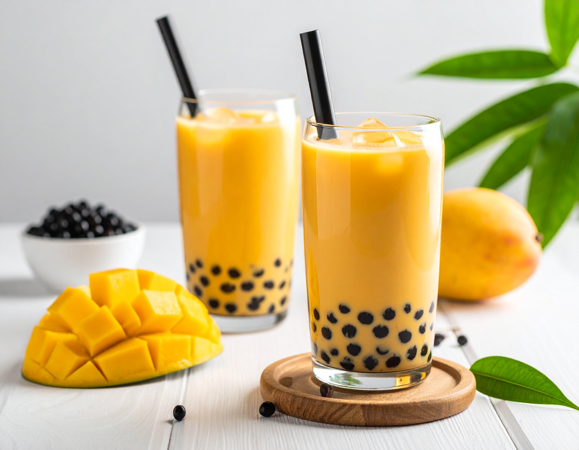 mango bubble tea on the table
