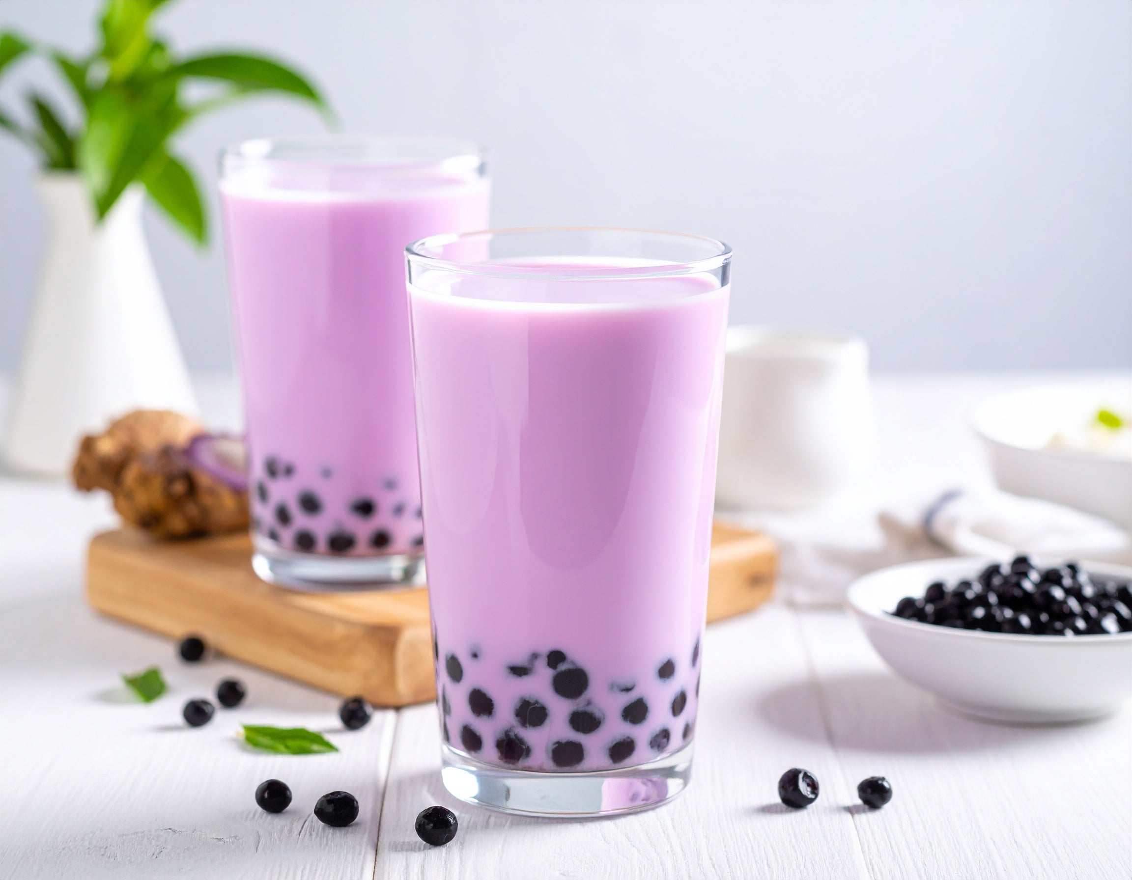 taro milk boba tea on the table 